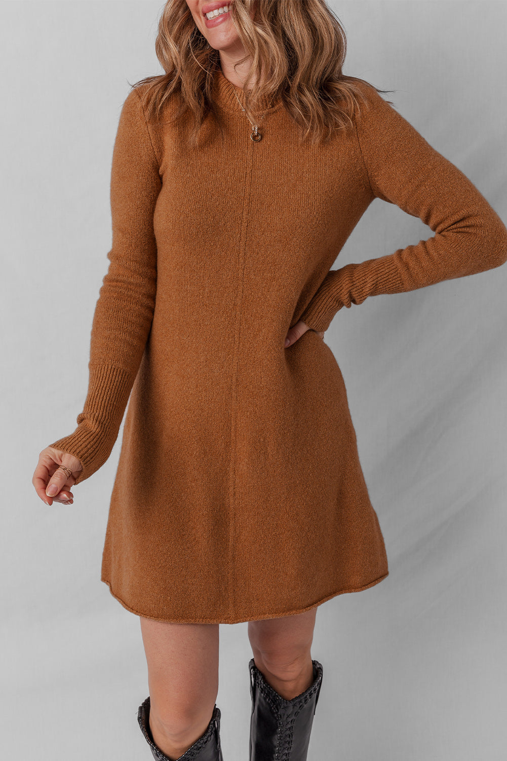 Straw Yellow Ribbed Detail Solid Color Mini Sweater Dress - Roses