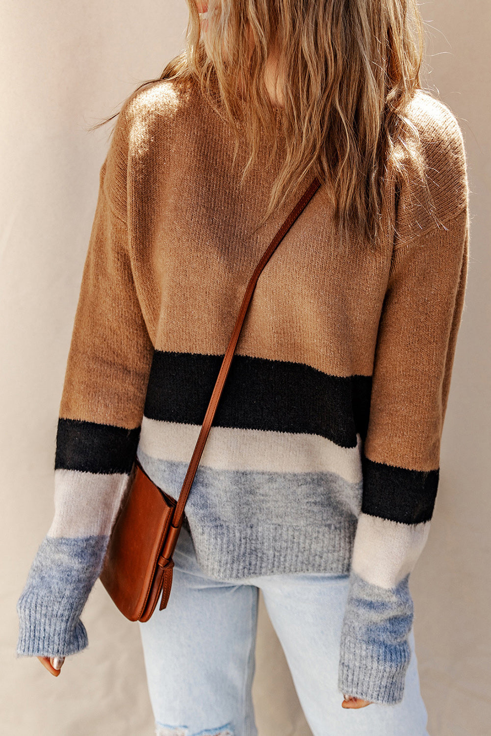 Brown Casual Striped Colorblock Ribbed Knit Sweater - Roses