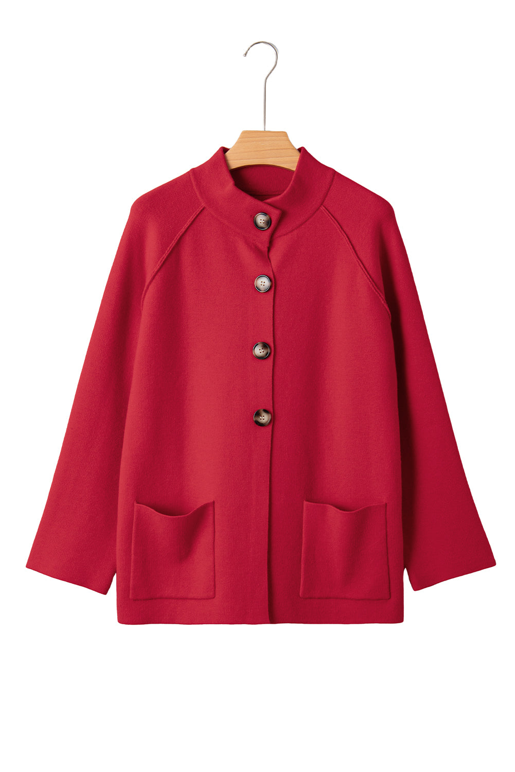 Fiery Red Solid Color Mock Collar Loose Jacket