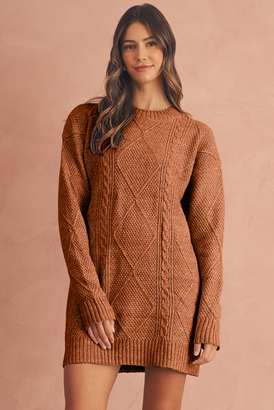 Coffee Twist Cable Knit Drop Shoulder Loose Fit Sweater Dress - Roses
