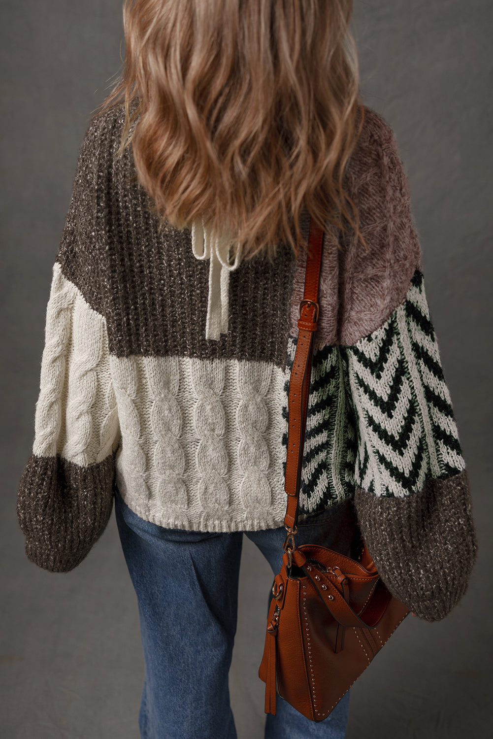 Brown Colorblock Patchwork Knotted Back Loose Fit Sweater - Roses