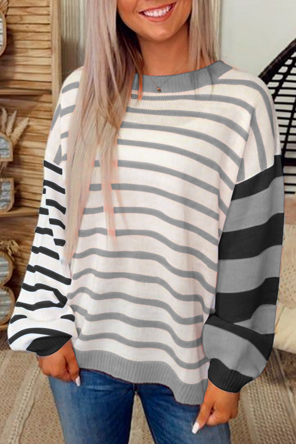 Orange Striped Colorblock Pullover Sweater - Roses