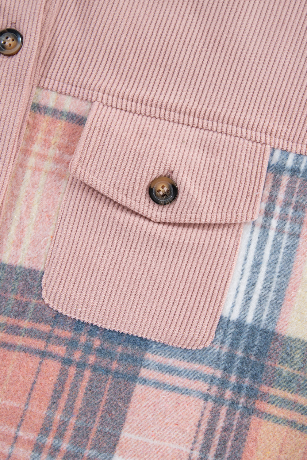 Cinnamon Plaid Corduroy Patchwork Pocket Loose Shacket - Roses