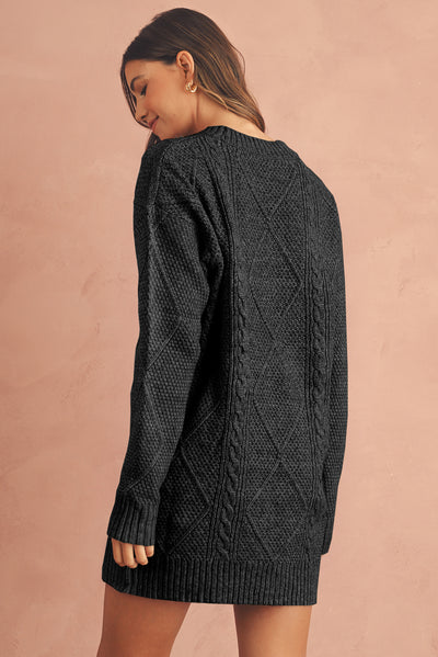 Coffee Twist Cable Knit Drop Shoulder Loose Fit Sweater Dress - Roses