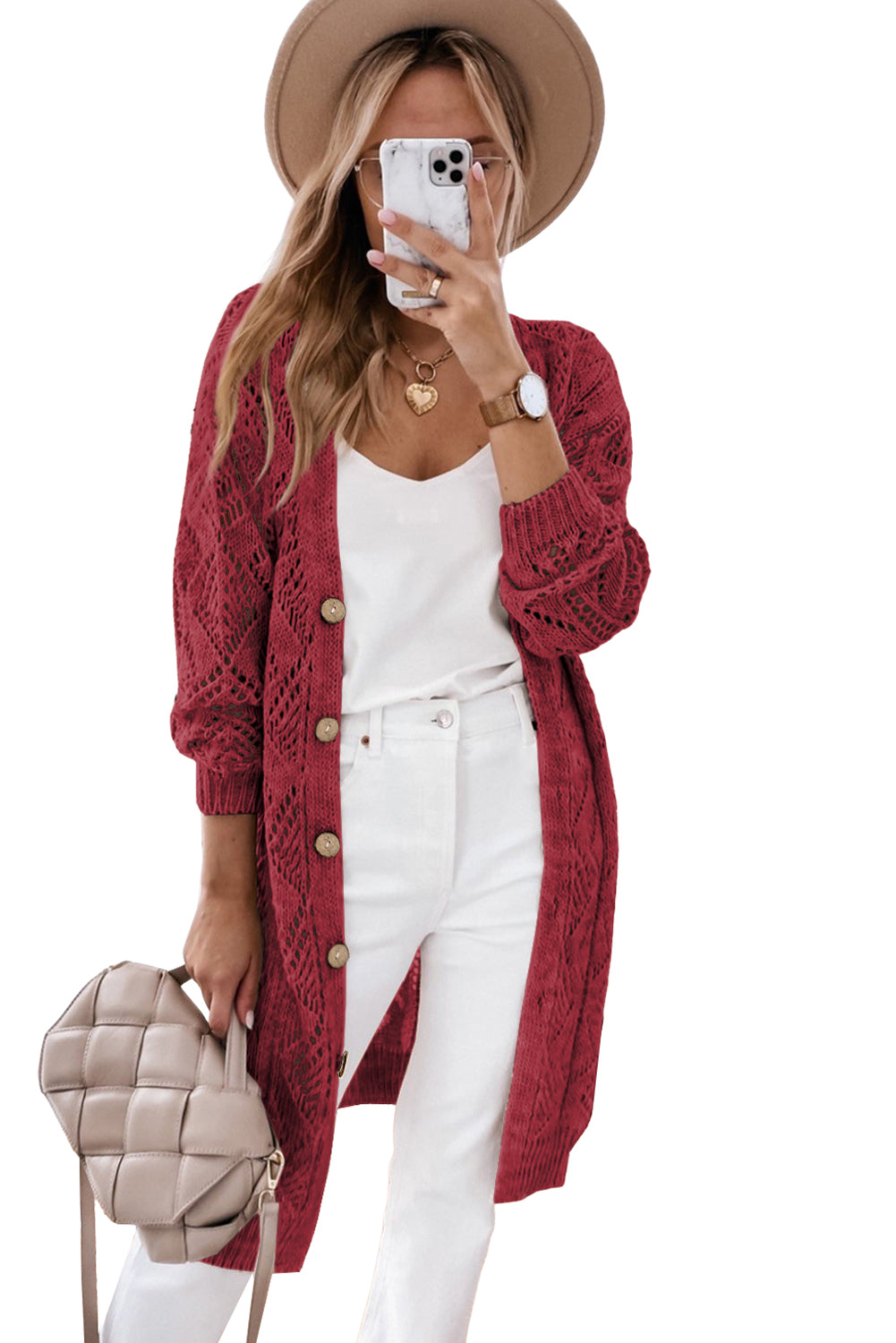 Red Button Up Hollow Out Loose Long Cardigan - Roses