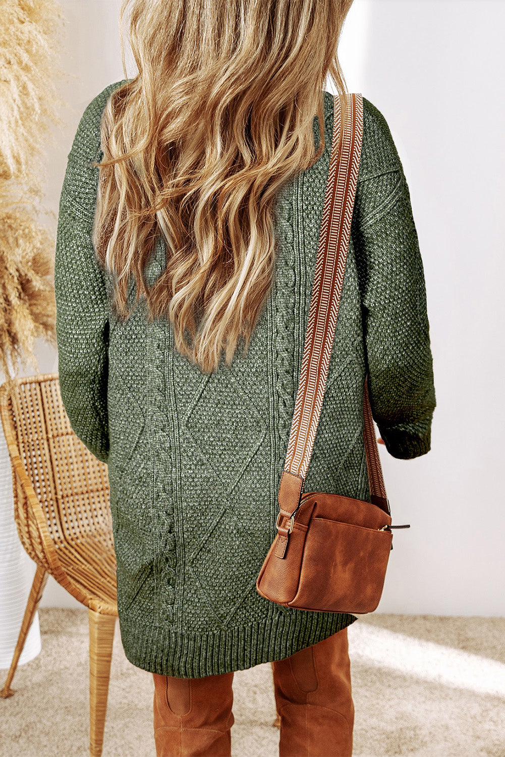 Parchment Cable Knit Drop Shoulder Loose Fit Sweater Dress - Roses