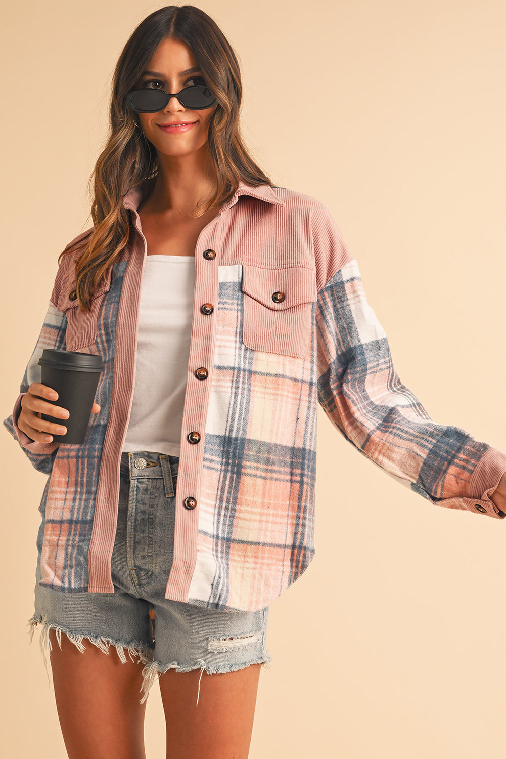 Cinnamon Plaid Corduroy Patchwork Pocket Loose Shacket - Roses