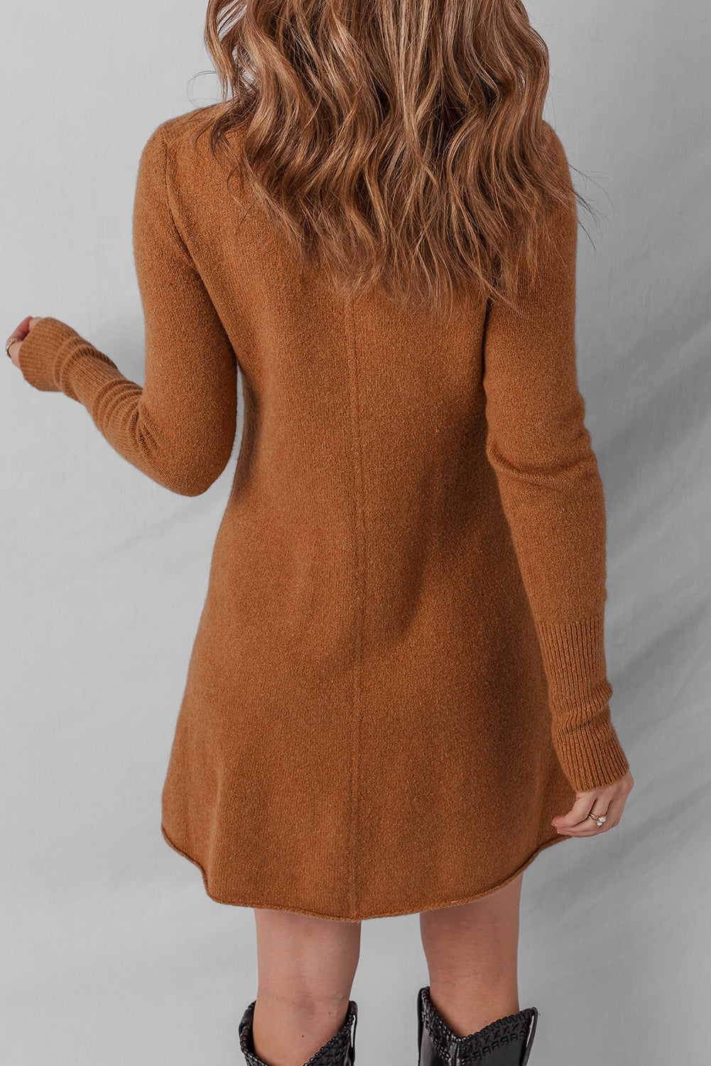Straw Yellow Ribbed Detail Solid Color Mini Sweater Dress - Roses
